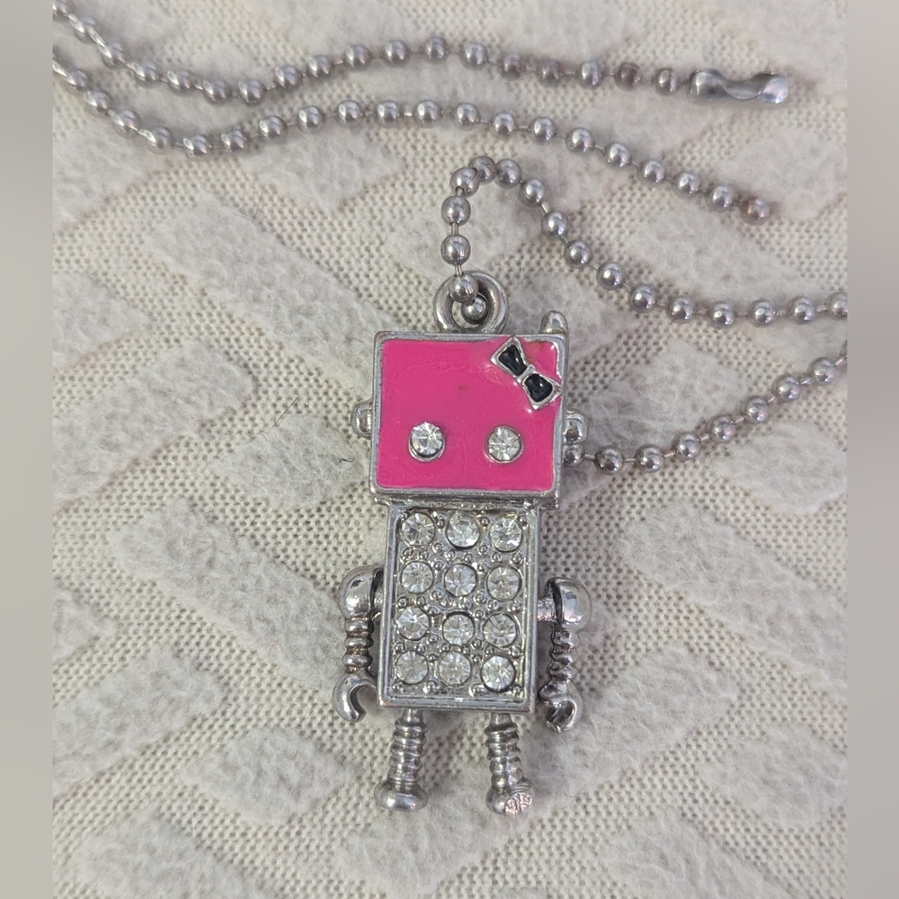 Robot Necklace with Cute Pink Face and Sparkly Stones